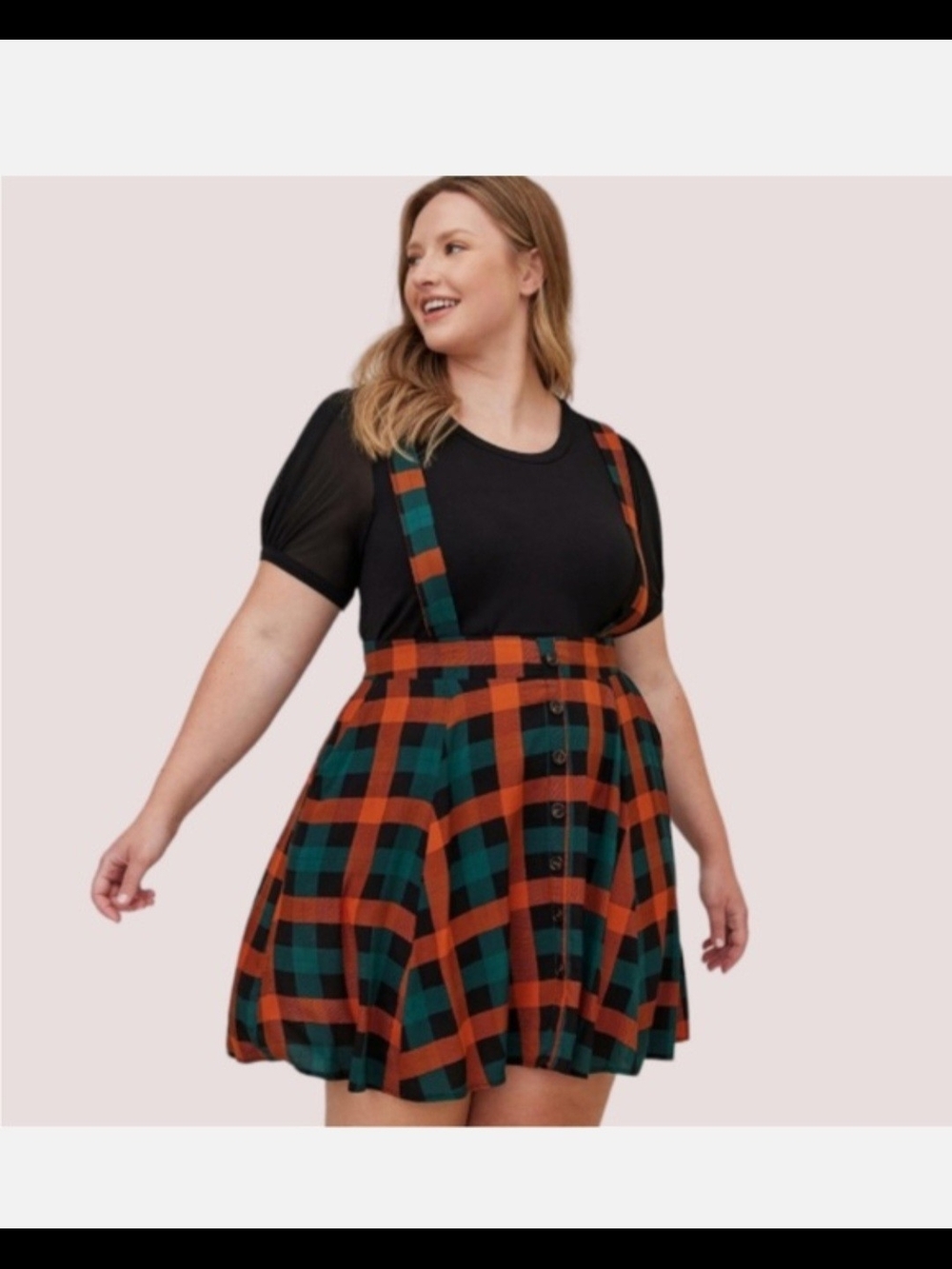 torrid Plaid Suspender Skirt in Orange & Green